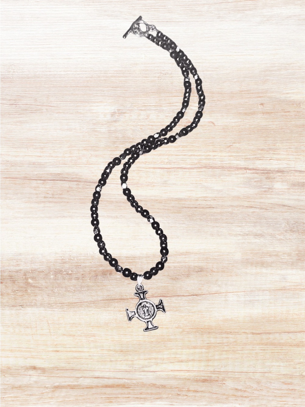 Hematite and Onyx Beaded Choker Necklace With steel gothic cross